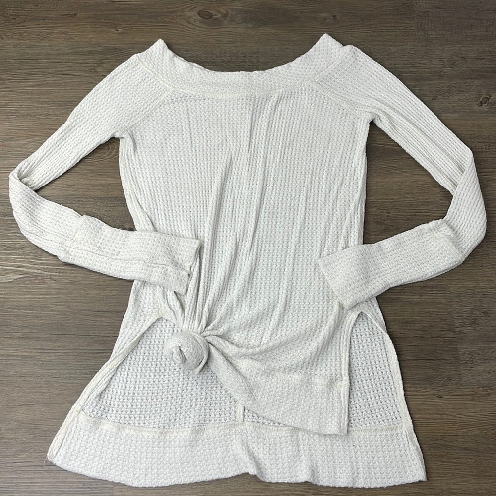 Free People Women’s Kate Thermal, White Boat Neck Waffle Knit Shirt, size XS